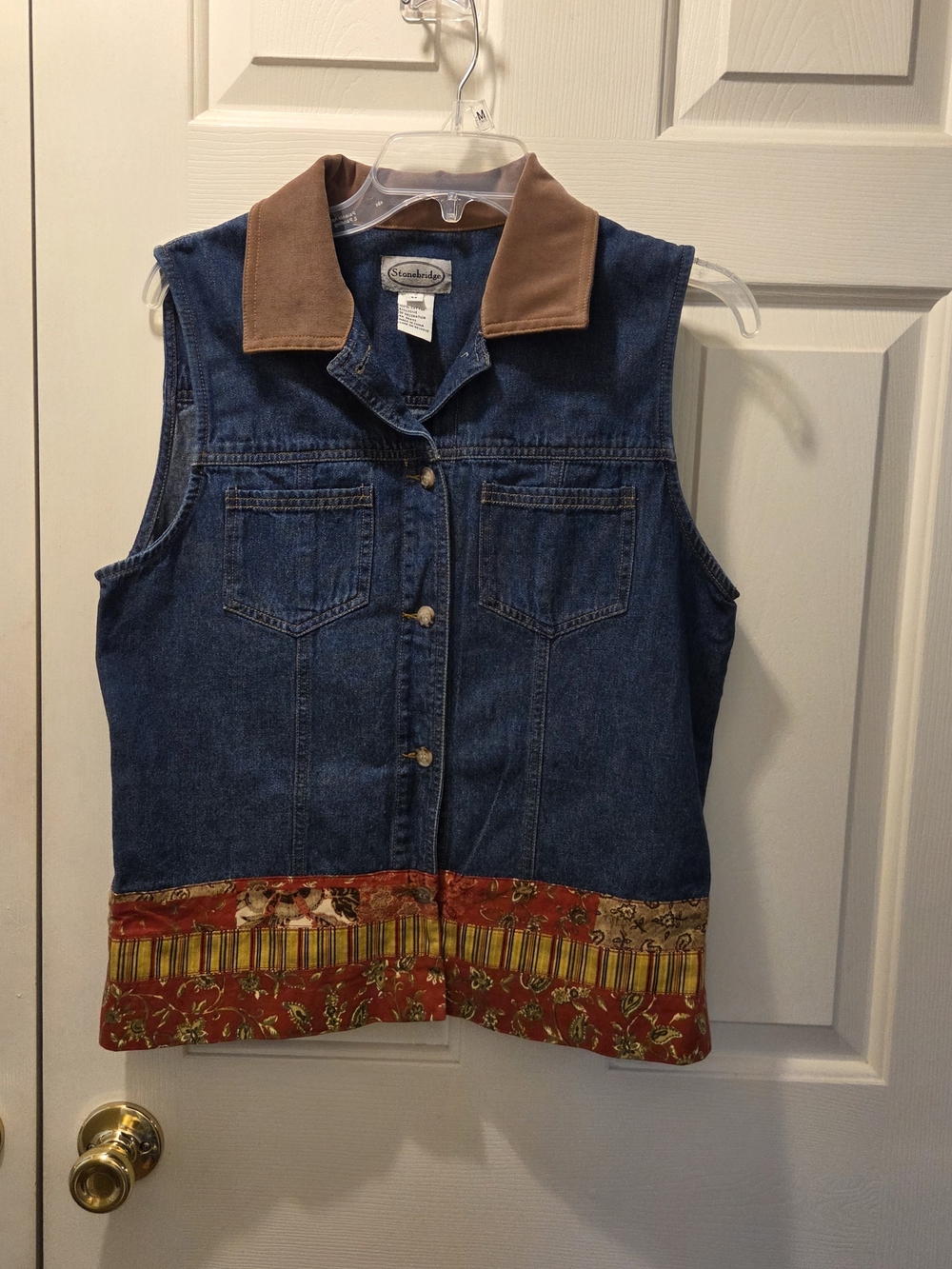 Stonebridge Blue Denim Vest with Brown Collar and Red Accent Hem